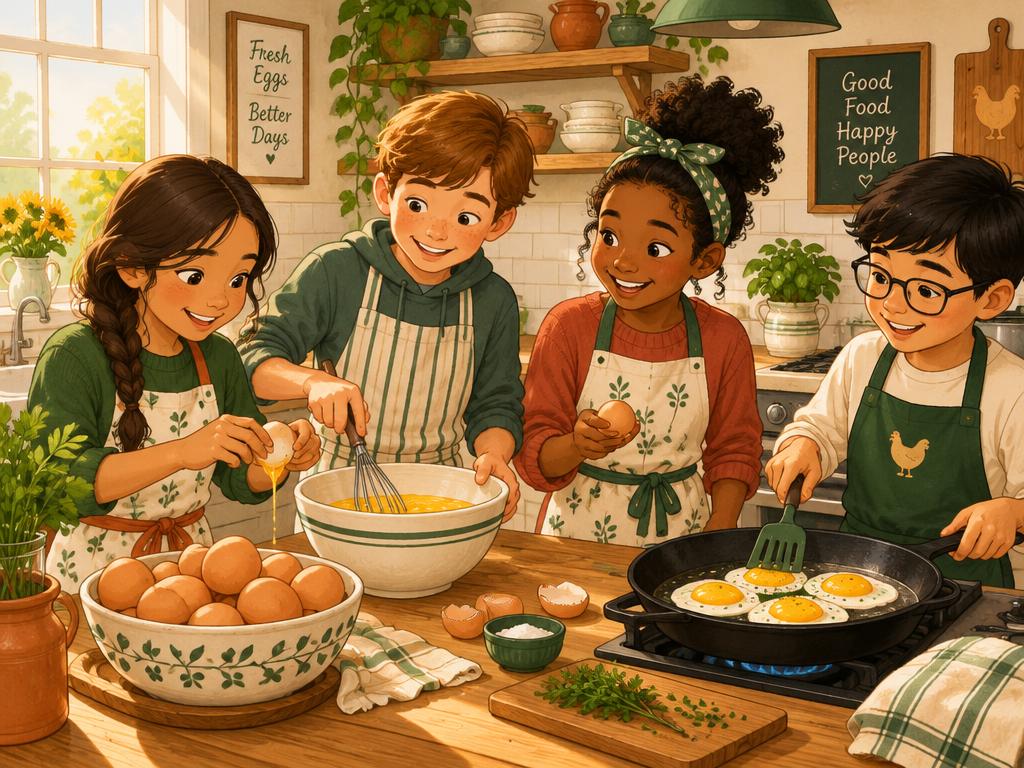 Kids cooking eggs together in a bright kitchen