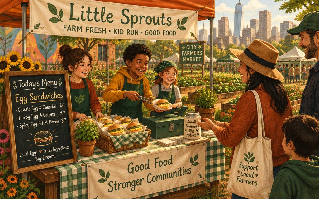Kids running a pop-up food stand with menus and egg dishes